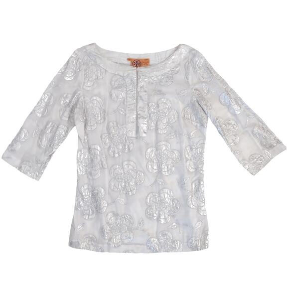 TORY BURCH White Cotton Tunic Metallic Silver Floral Embroidery Top Size L Clean - Picture 6 of 9